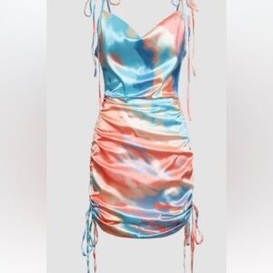 Satin Abstract Print Side Drawstrings Mini Dress - turquoise, size S